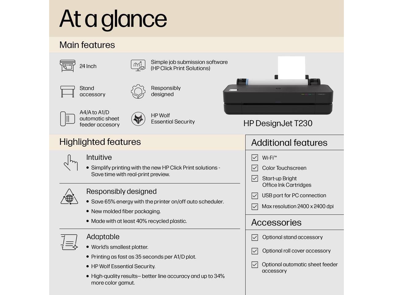 At a glance

Main features
- 24 Inch
- Simple job submission software (HP Click Print Solutions)
- Stand accessory
- Responsibly designed
- A4/A to A1/D automatic sheet feeder accessory
- HP Wolf Essential Security

Highlighted features
- Intuitive
  - Simplify printing with the new HP Click Print solutions
  - Save time with real-print preview
- Responsibly designed
  - Save 65% energy with the printer on/off auto scheduler
  - New molded fiber packaging
  - Made with at least 40% recycled plastic
- Adaptable
  - World's smallest plotter
  - Printing as fast as 35 seconds per A1/D plot
  - HP Wolf Essential Security
  - High-quality results - better line accuracy and up to 34% more color gamut

Additional features
- Wi-Fi
- Color Touchscreen
- Start-up Bright
- Office Ink Cartridges
- USB port for PC connection
- Max resolution 2400 x 2400 dpi

Accessories
- Optional stand accessory
- Optional roll cover accessory
- Optional automatic sheet feeder accessory