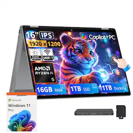 HP - OmniBook X Flip 2-in-1 16" FHD+ Touch Laptop,Ryzen AI 5 430,16GB RAM,1TB SSD+1TB Dock Set,Backlit,WiFi 7,Win11 Pro - Meteor Silver