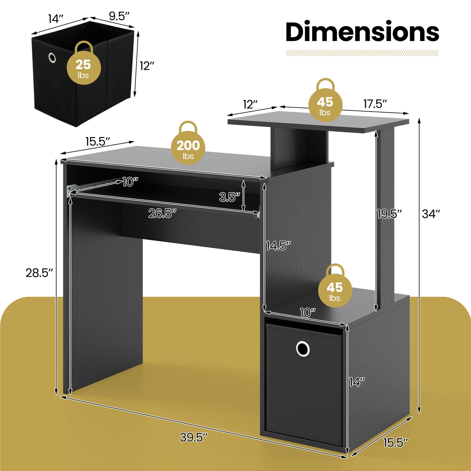 - Dimensions:
  - 14" x 9.5" x 12" (25 lbs)
  - 17.5" x 12" x 19.5" (45 lbs)
  - 15.5" x 10" x 26.5" (200 lbs)
  - 14" x 14.5" x 15.5" (45 lbs)
  - 39.5" x 28.5" x 34"