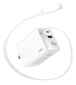 Basix by iOttie 45W GaN Wall Charger with Built-in Retractable USB-C Cable, Extra USB-C Port, Dual-Device Fast Charge - White