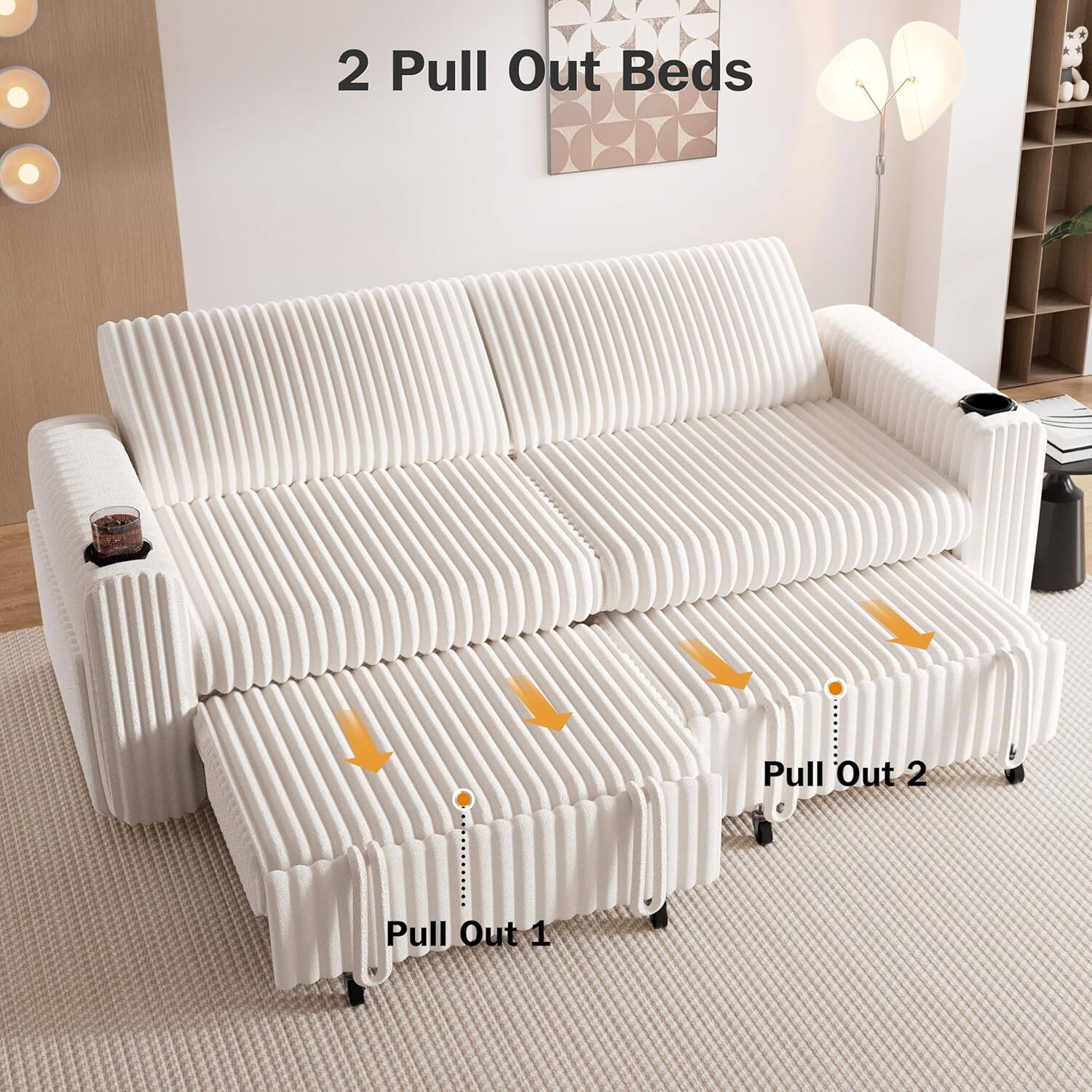Back. Dyonery - Dyonery 91-inch modular sofa bed with adjustable backrest /USB port/cup holder, tool-free assembly, corduroy - White.