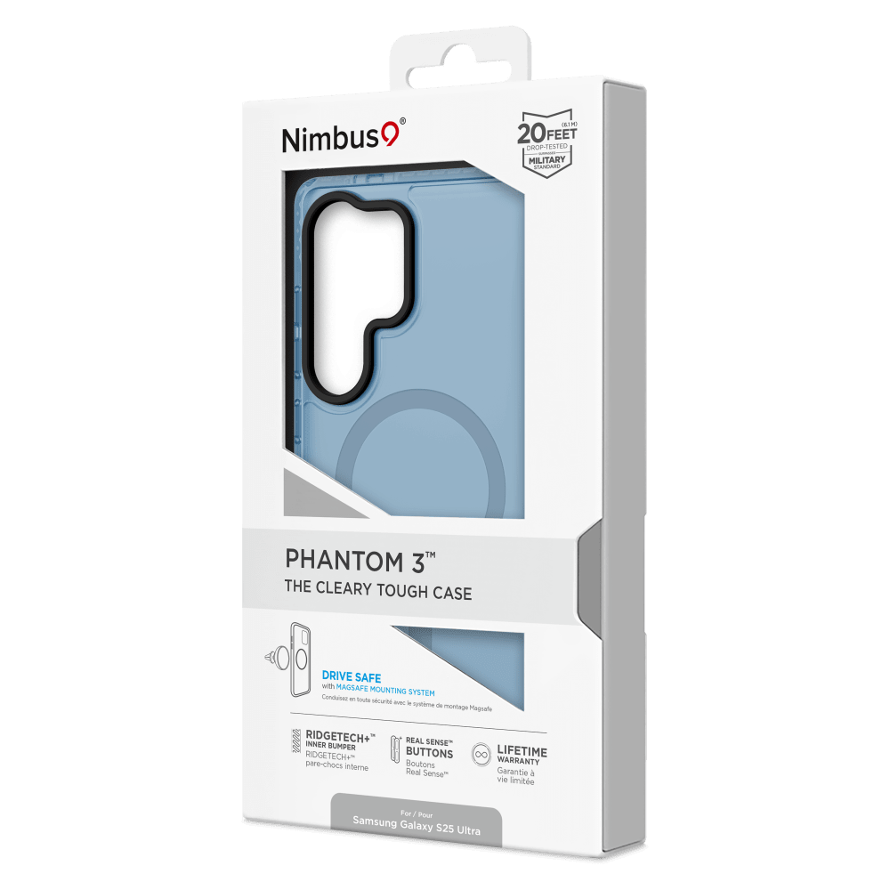 @ Nimbus
001 x 20 FEET DROP-TESTED MILITARY STANDARD
PHANTOM 3™ THE CLEARY TOUGH CASE
DRIVE SAFE with MAGSAFE MOUNTING SYSTEM
Conduisaz to toda scurit ive: , systeme de montage Magafe
RIDGETECH+ INNER REAL SENSE™ SUMPER LIFETIME RIDGETECH+™ BUTTONS 8 pare-chocs interne Boutons WARRANTY Real Sense™ Garantie  vie limite
For 1 Pour Samsung Galaxy S25 Ultra