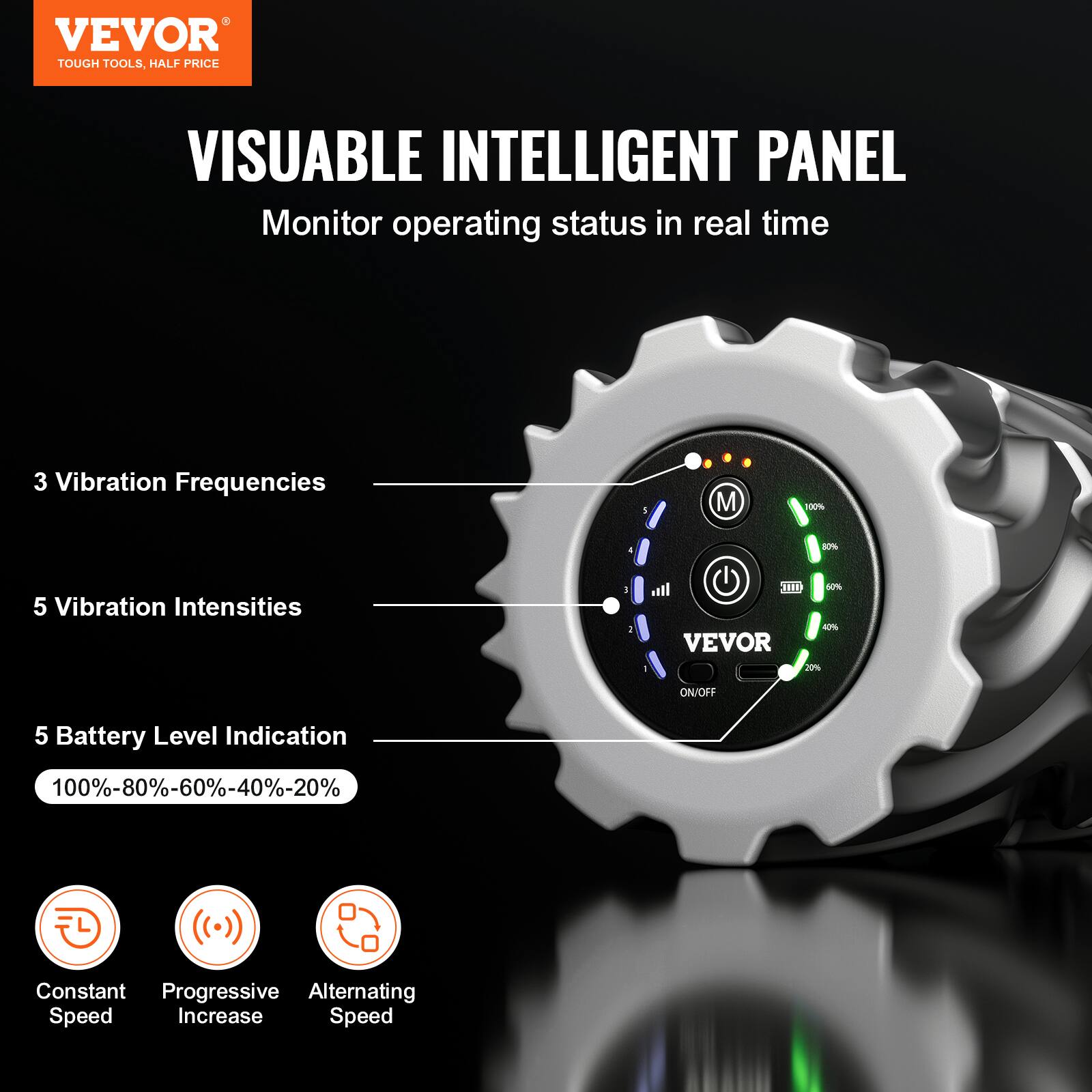 VEVOR  
TOUGH TOOLS, HALF PRICE  

VISUABLE INTELLIGENT PANEL  
Monitor operating status in real time  

3 Vibration Frequencies  
5 Vibration Intensities  
5 Battery Level Indication  
100%-80%-60%-40%-20%  

Constant Speed  
Progressive Increase  
Alternating Speed