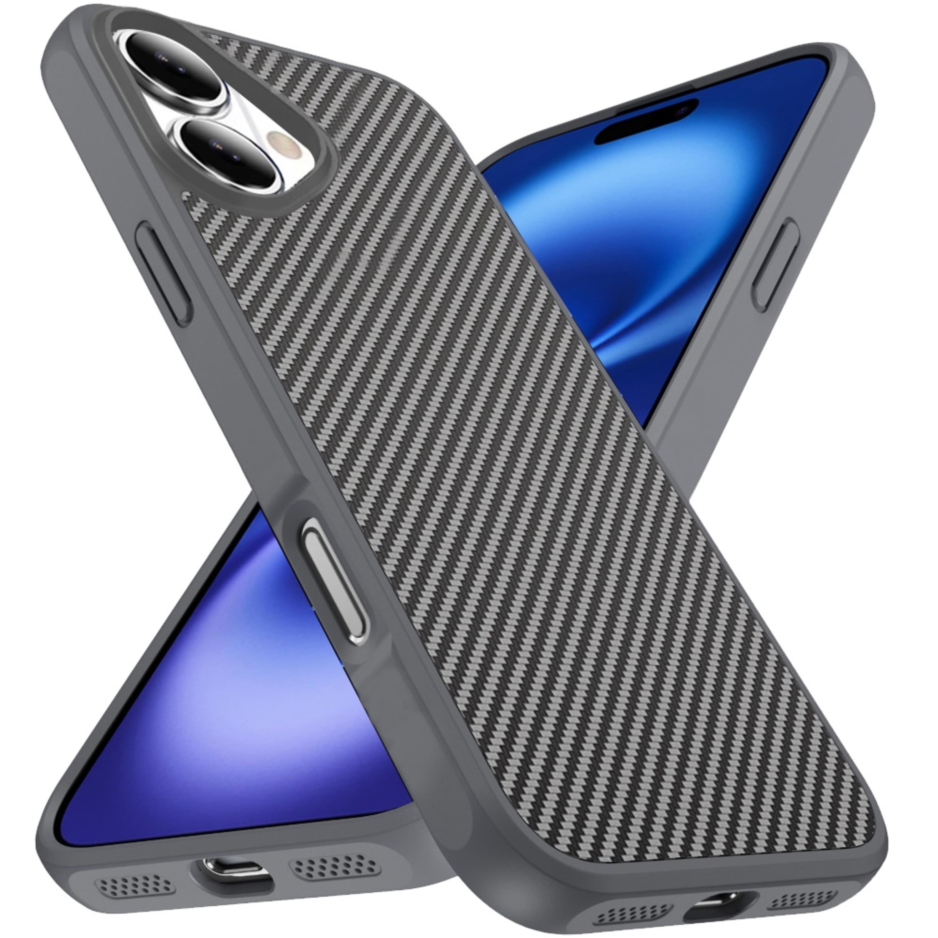 Kitcheniva - Carbon Fiber Print Hidden Magnetic Circle Phone Case With Tempered Glass For iPhone 17 Grey - Gray