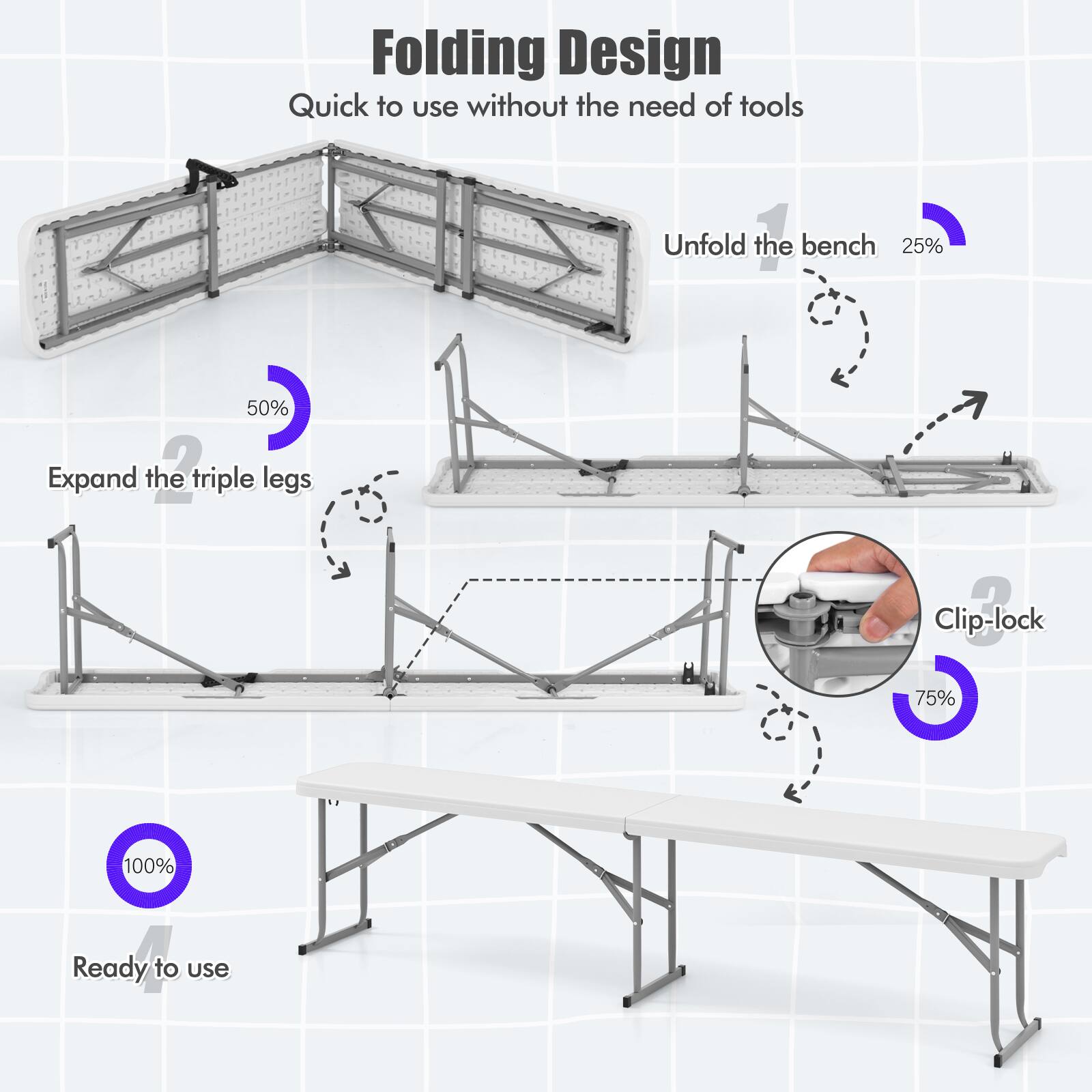 Folding Design  
Quick to use without the need of tools  
Unfold the bench 25%  
Expand the triple legs 50%  
Clip-lock 75%  
Ready to use 100%