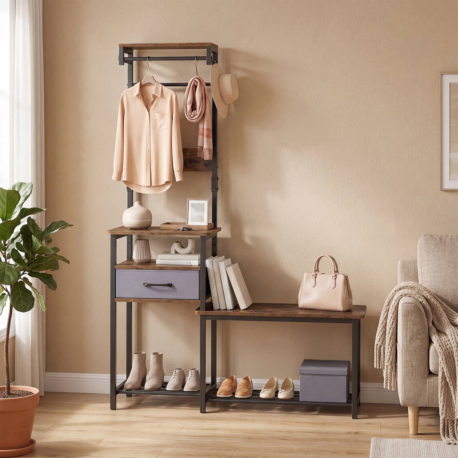 Alt View 4. Costway - Costway 7-in-1 Hall Tree with Shoe Bench, Freestanding Coat Rack with Hooks, Shoe Rack - Rustic Brown + Black.