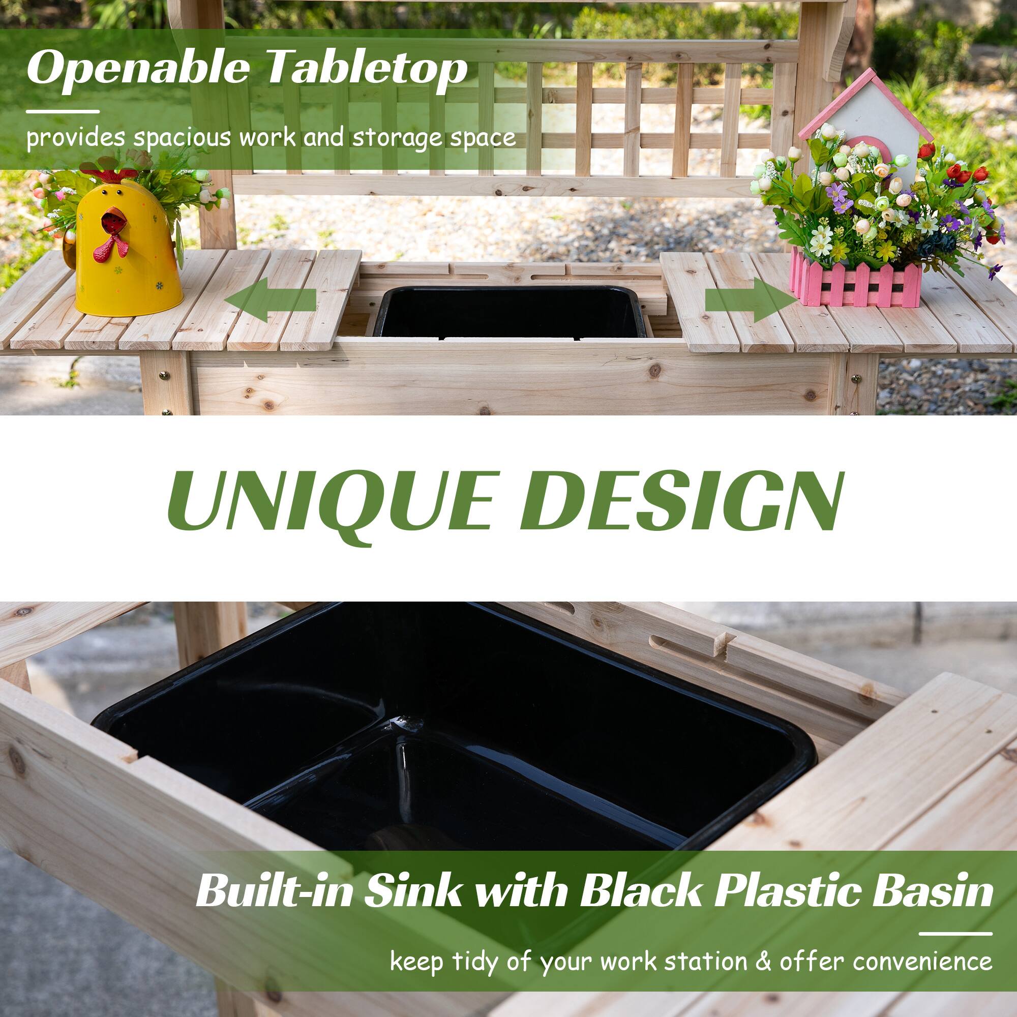 Openable Tabletop provides spacious work and storage space, UNIQUE DESIGN, Built-in Sink with Black Plastic Basin - keep tidy of your work station & offer convenience