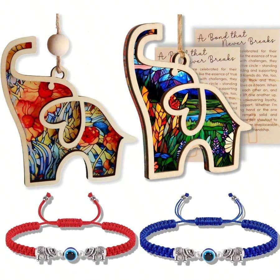 Live At Space - Friendship Elephant Ornament with Card Best Friend Birthday Gift Women Decorative Hanging Ornament Purple Orange 2 - Purple+orange+2bracelet