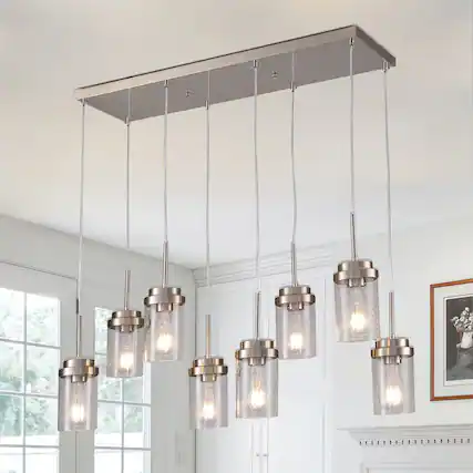 Front. RYHNUYNE - 8 Lights Kitchen Island Lighting, Modern Brushed Nickel Linear Chandelier, Dining Room Light Fixture for Kitchen Bar - Brushed Nickel.