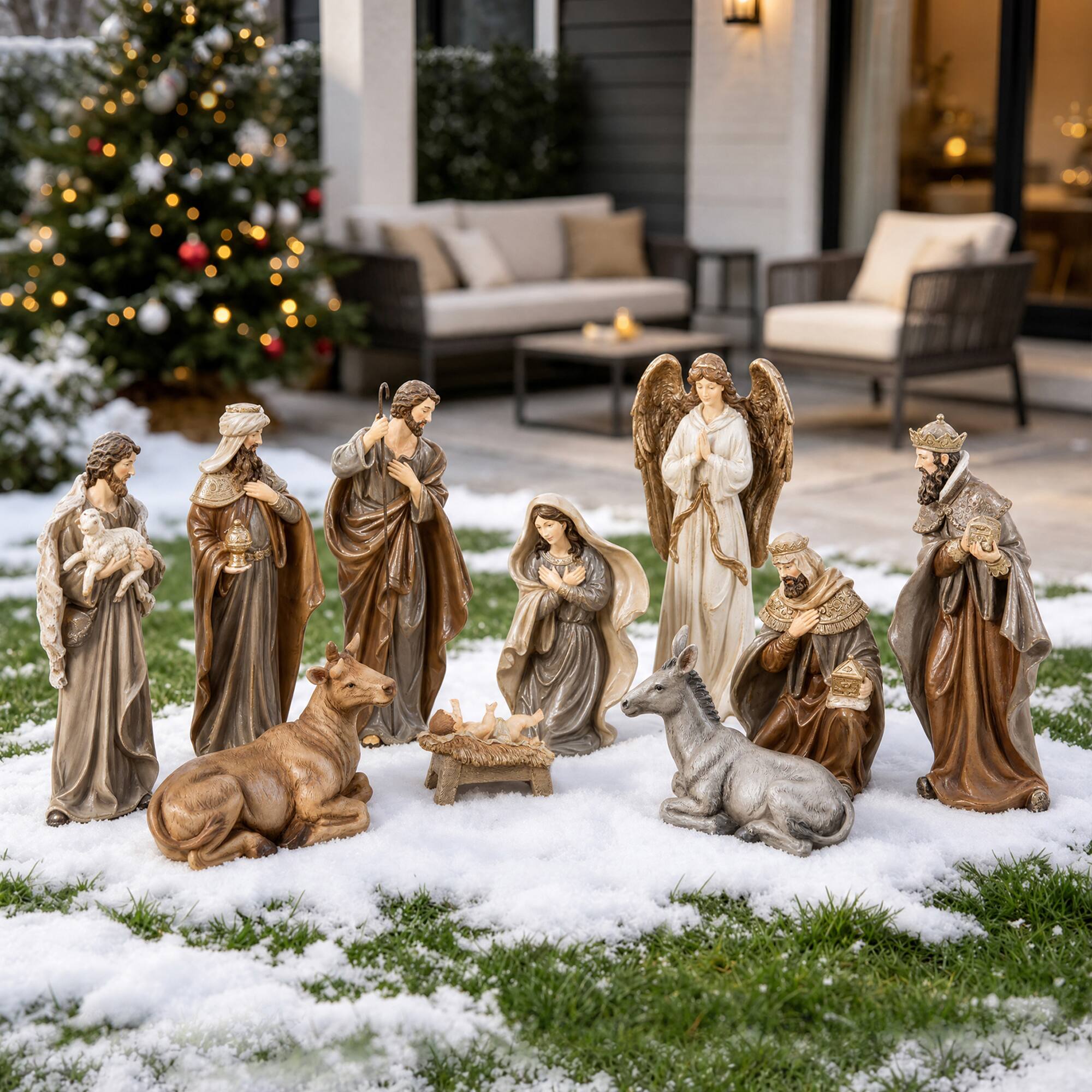 Front. Glitzhome - 10pcs Oversized Resin Nativity Figurine Set - Brown.