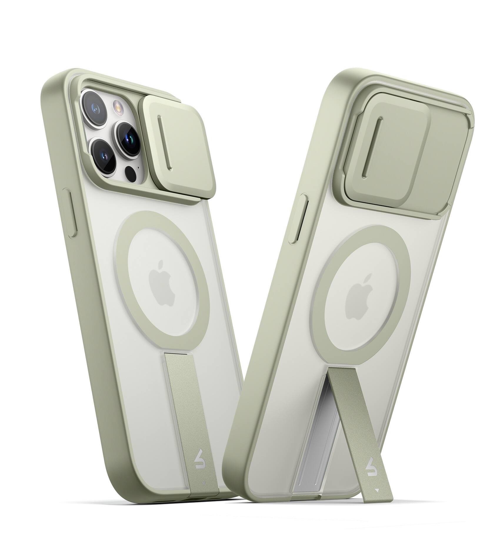 Angle. SURITCH - Rugged Case for iPhone 14 Pro Max, Compatible with MagSafe, Built-in Kickstand & Camera Cover & Translucent Back - Khaki Green.