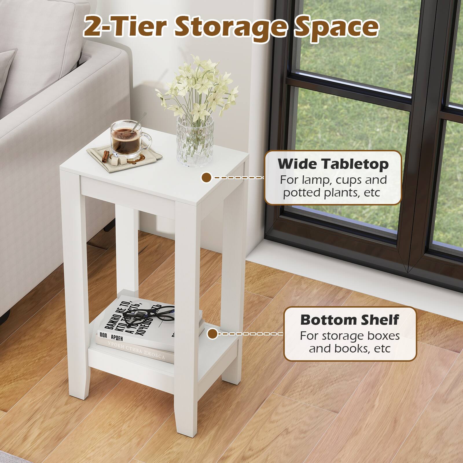 2-Tier Storage Space

Wide Tabletop
For lamp, cups and potted plants, etc

Bottom Shelf
For storage boxes and books, etc