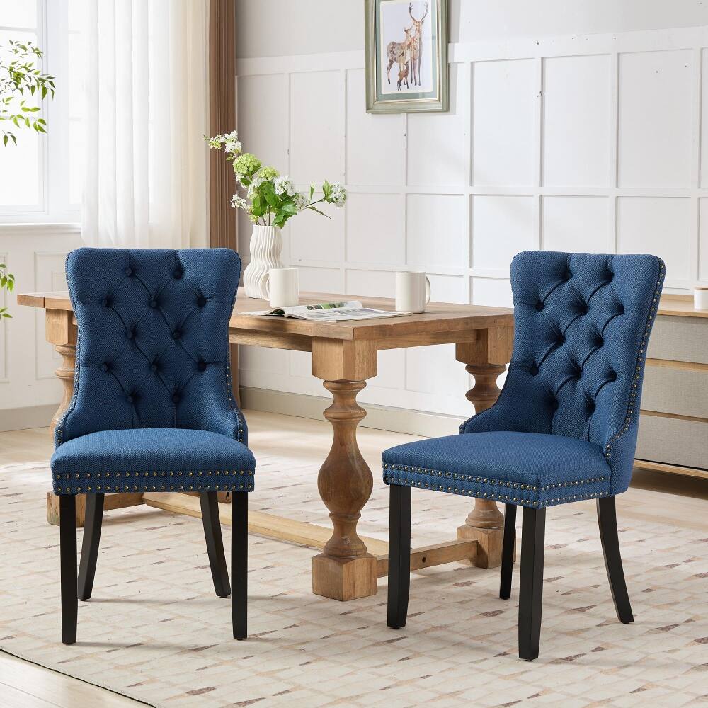 Alt View 10. Loheer - Loheer Blue Linen Dining Chairs Set of 2 Tufted Upholstered High Back Solid Wood Legs Nailhead Trim Modern Contemporary - Blue.