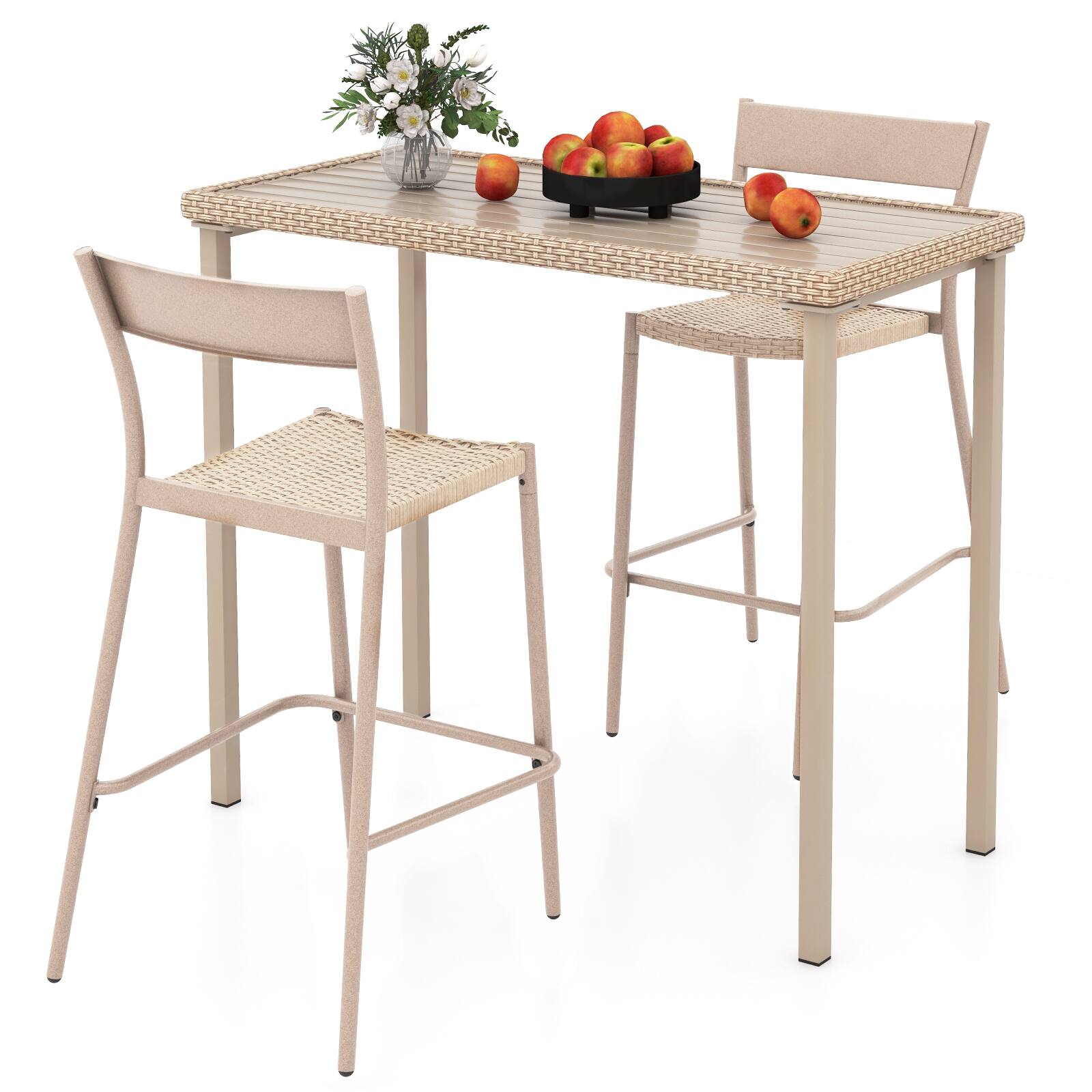 Gymax - 3 Pieces Patio Bar Table Set Outdoor Bar Height Table & 2 Armless Chairs - Light Brown
