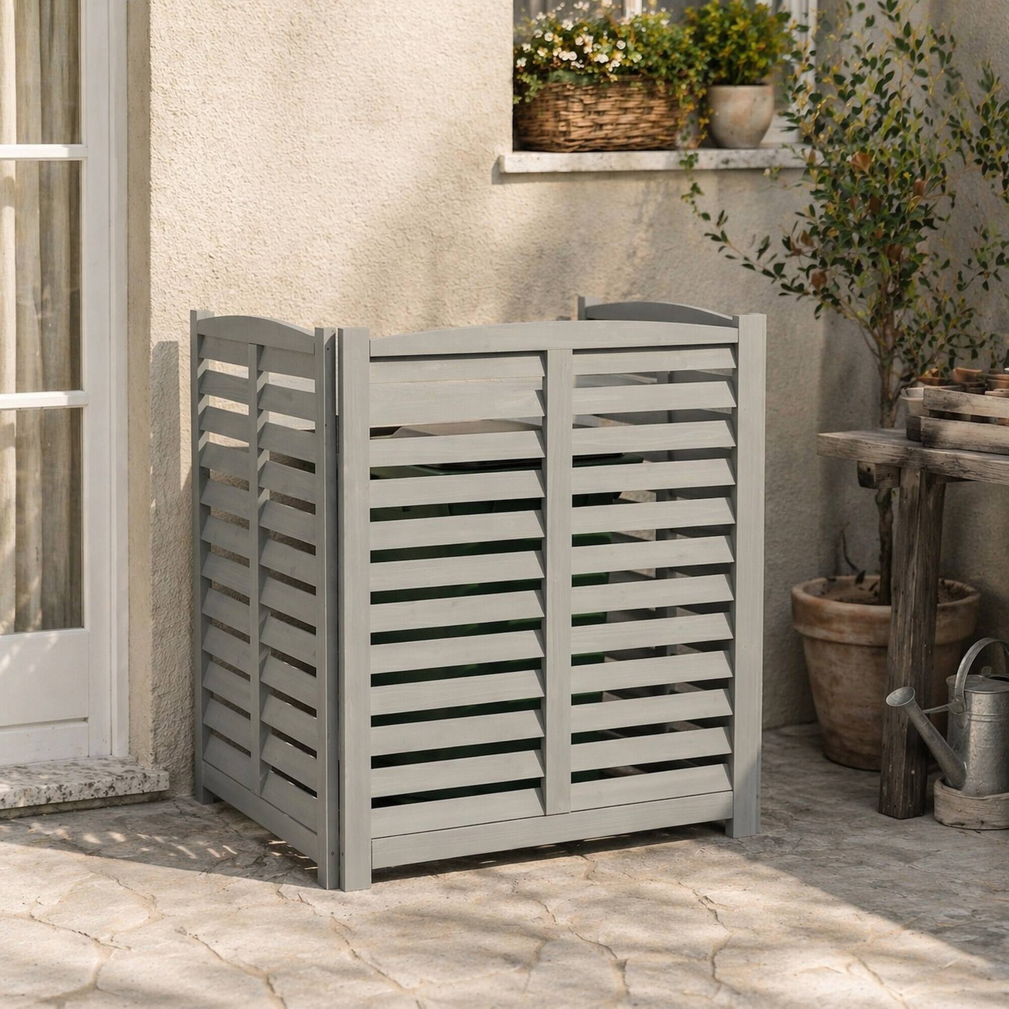 Left. RYHNUYNE - 3-Panel Outdoor Wood Privacy Screen for Air Conditioner, 3-Section Freestanding Fence 32x38 Inch, Patio Garden - Grey.