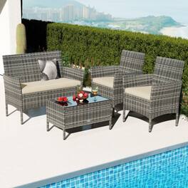 Mondawe - 39.5 x 22.5 x 32 IN Freestanding Patio Conversation Set with Glass Table and Cushions 4-Piece - Mix Gray+Beige
