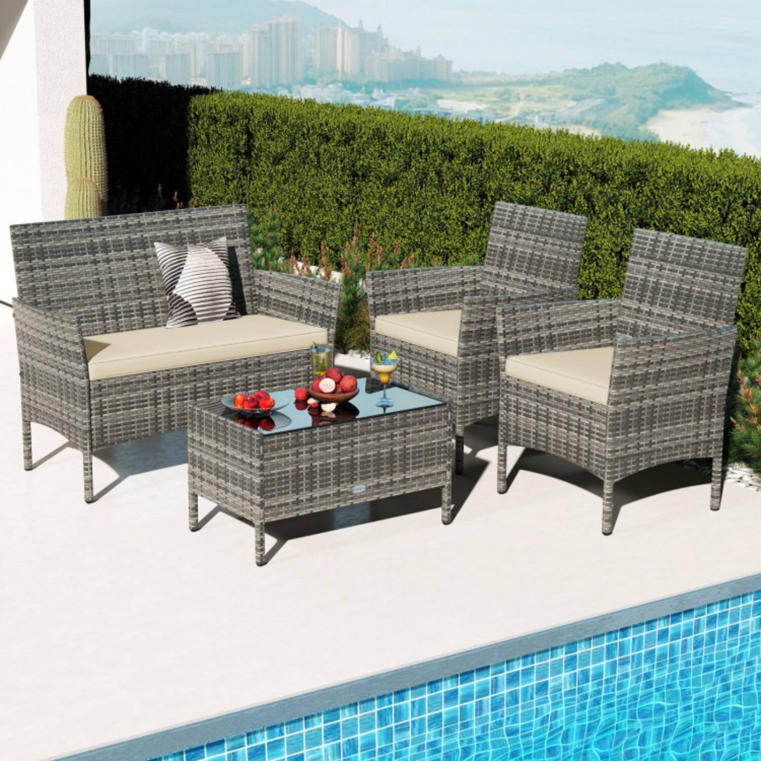 Front. Mondawe - 39.5 x 22.5 x 32 IN Freestanding Patio Conversation Set with Glass Table and Cushions 4-Piece - Mix Gray+Beige.