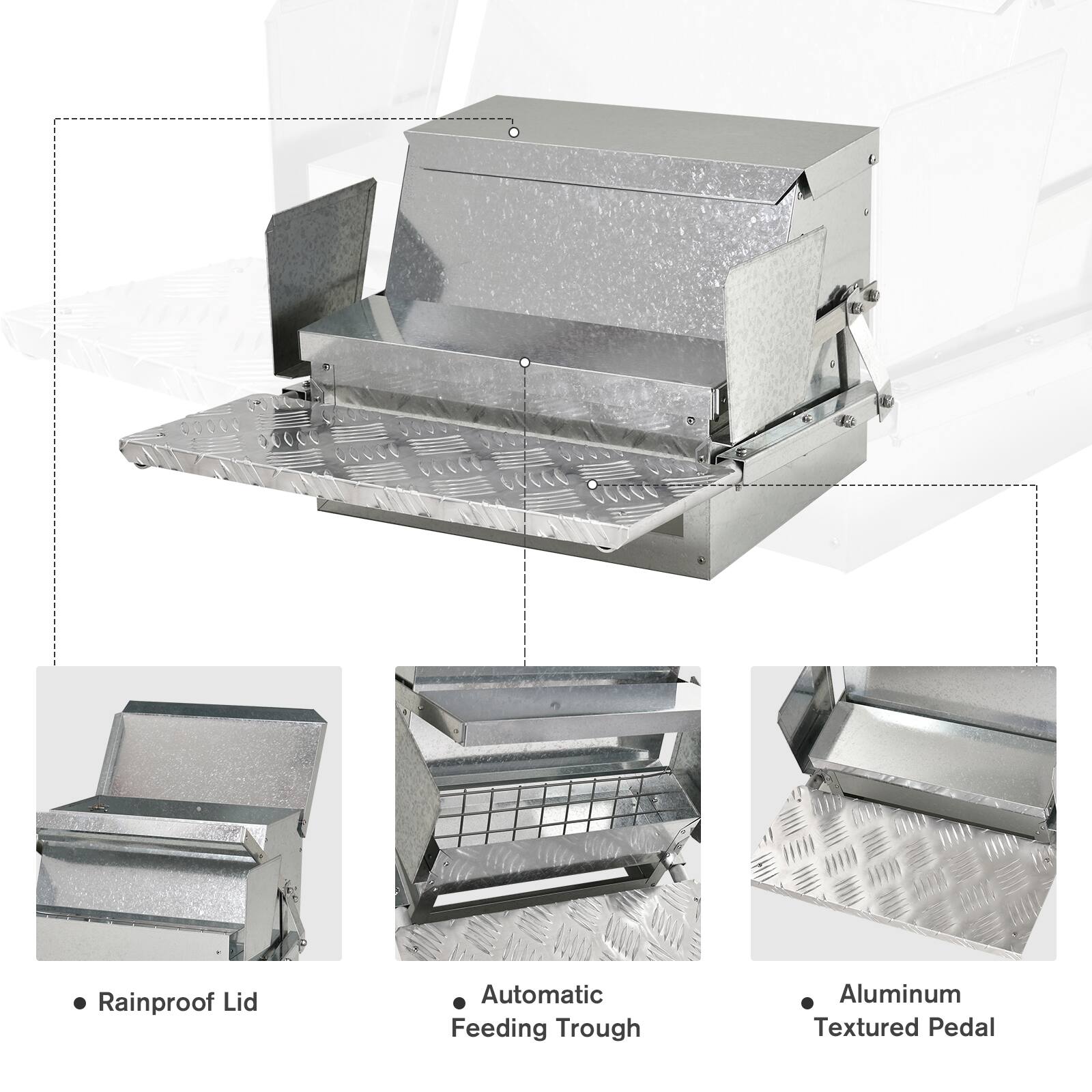 - Rainproof Lid
- Automatic Feeding Trough
- Aluminum Textured Pedal
