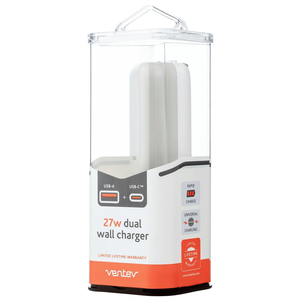 USB-A  
USB-C™ +  
RAPID III CHARGE  
27w dual wall charger  
LIMITED LIFETIME WARRANTY  
UNIVERSAL CHARGING  
ventev  
ventevmobility.com
