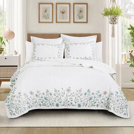 MarCielo - 3 Piece Lightweight Quilt Bedspread Set Reversible Floral Botanical - Green Wildflower