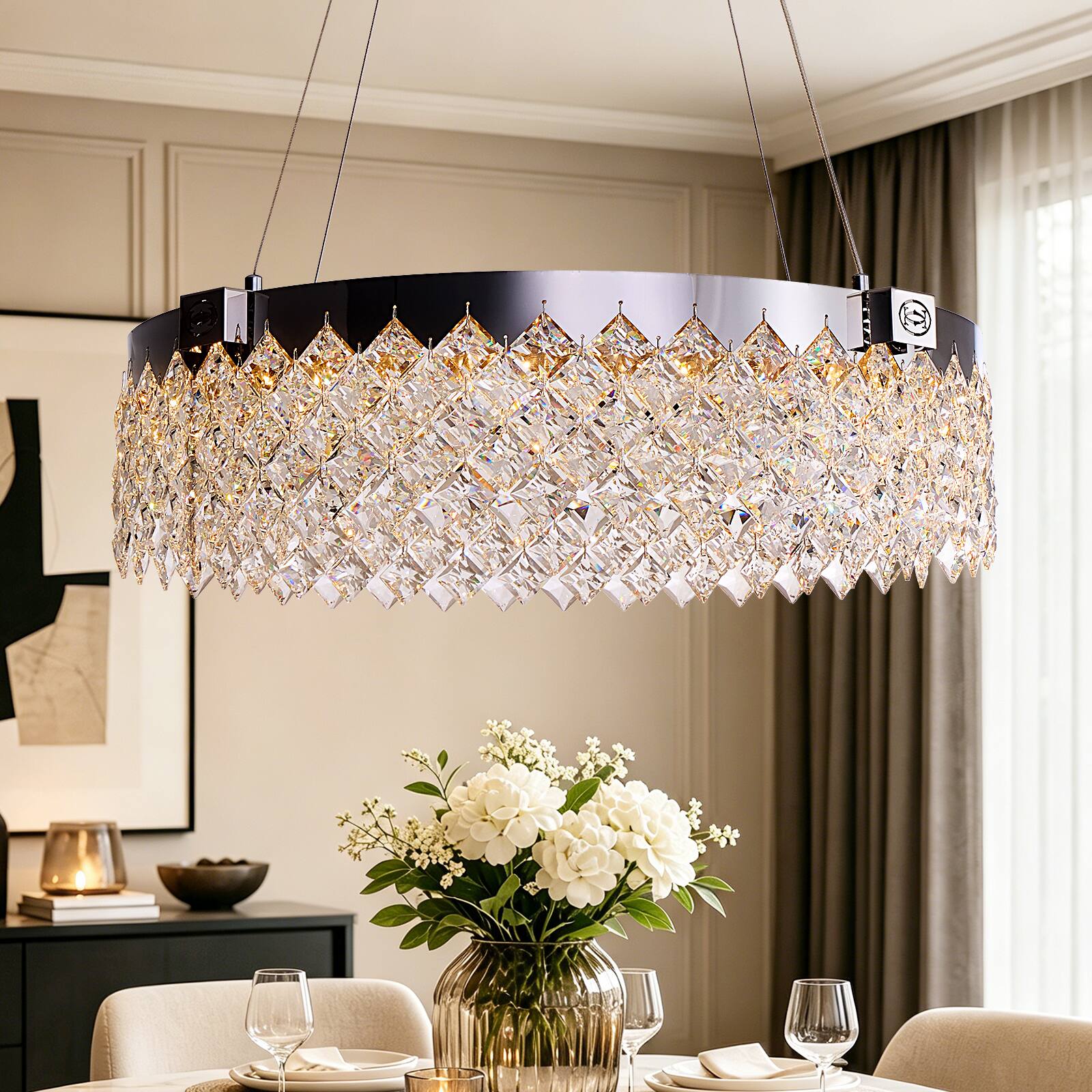 Angle. Siljoy - 24-inch Modern Round Alabaster LED Chandelier Dimmable Adjustable Height for Living Room Foyer and Bedroom - Chrome.