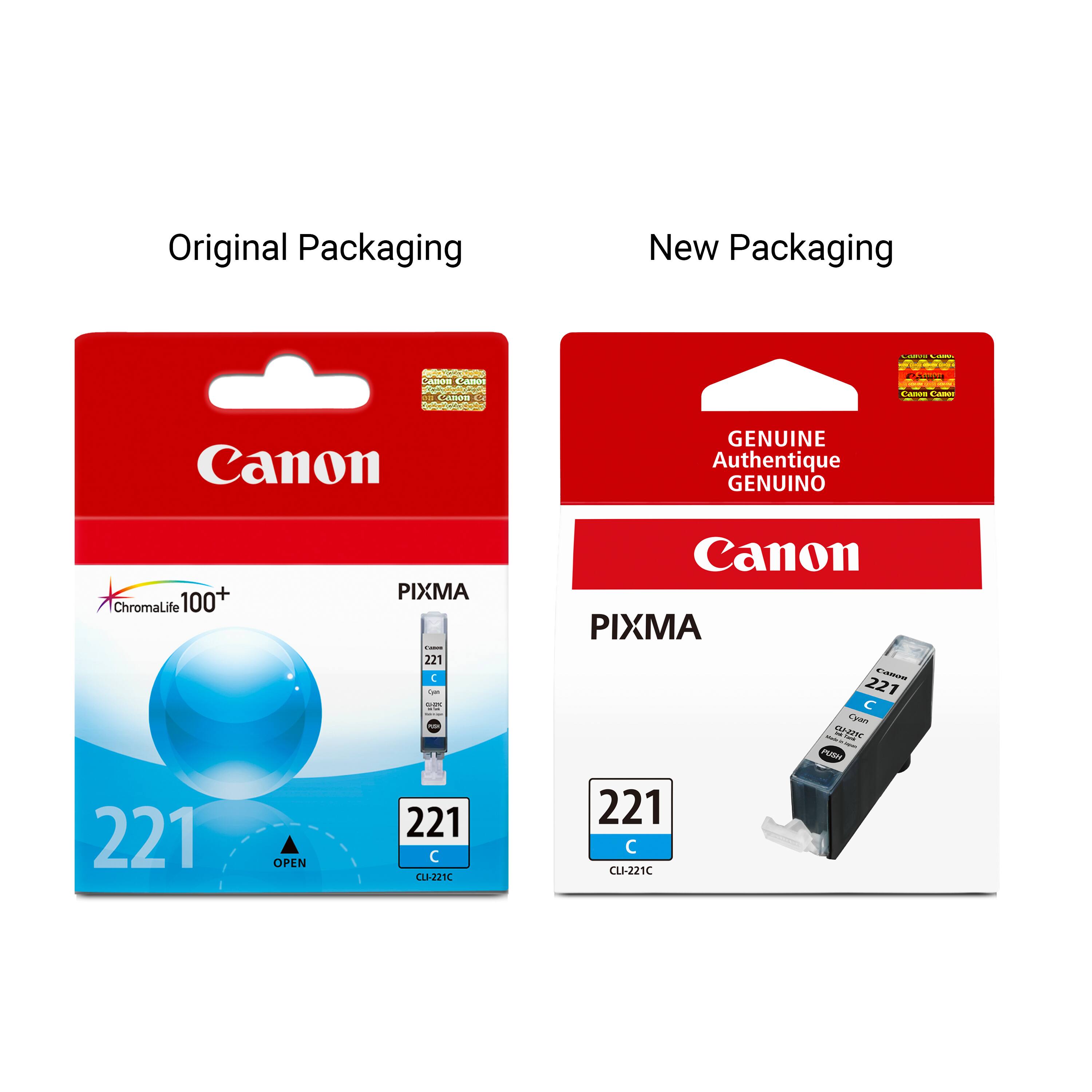 Original Packaging
New Packaging
CHART Calories
Canon Canor - Canon C
CADOS Canor
Canon
GENUINE Authentique GENUINO
ChromaLife 100+
PIXMA Comme 221 C Que - NO
Canon PIXMA CADOR 221 Cyan Where CU-221C TO - PUSH
221
OPEN
221 CLI-221C
221 CLI-221C