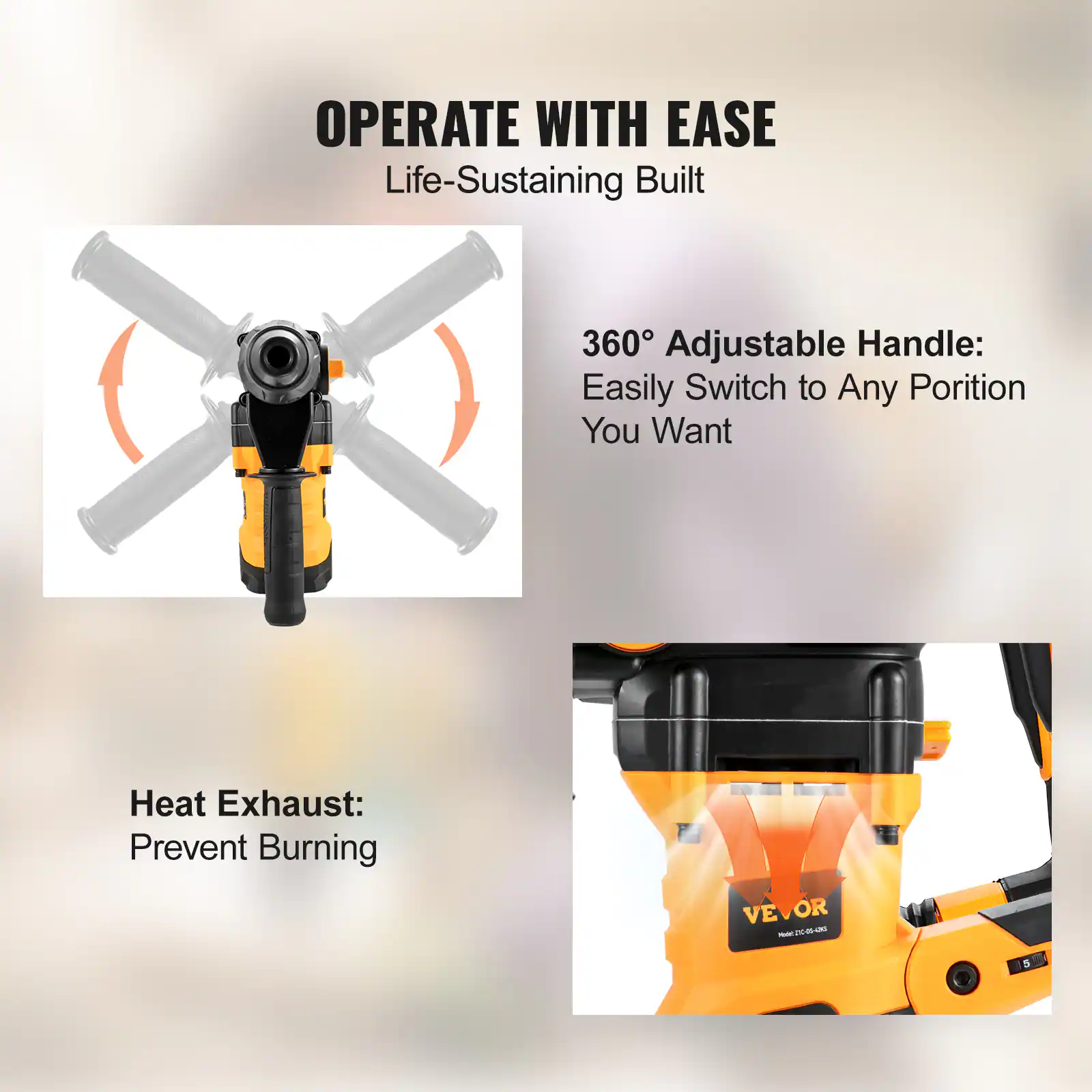 OPERATE WITH EASE  
Life-Sustaining Built  

360° Adjustable Handle:  
Easily Switch to Any Portion You Want  

Heat Exhaust:  
Prevent Burning