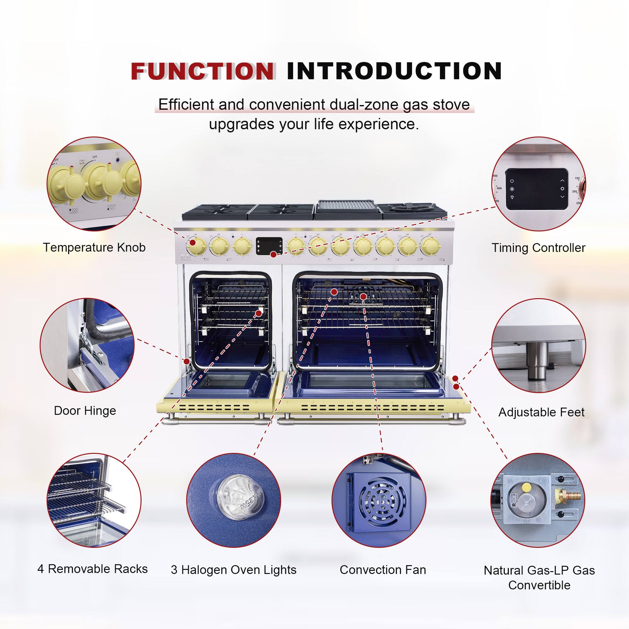 FUNCTION INTRODUCTION  
Efficient and convenient dual-zone gas stove upgrades your life experience.  

- Temperature Knob  
- Timing Controller  
- Door Hinge  
- Adjustable Feet  
- 4 Removable Racks  
- 3 Halogen Oven Lights  
- Convection Fan  
- Natural Gas-LP Gas Convertible