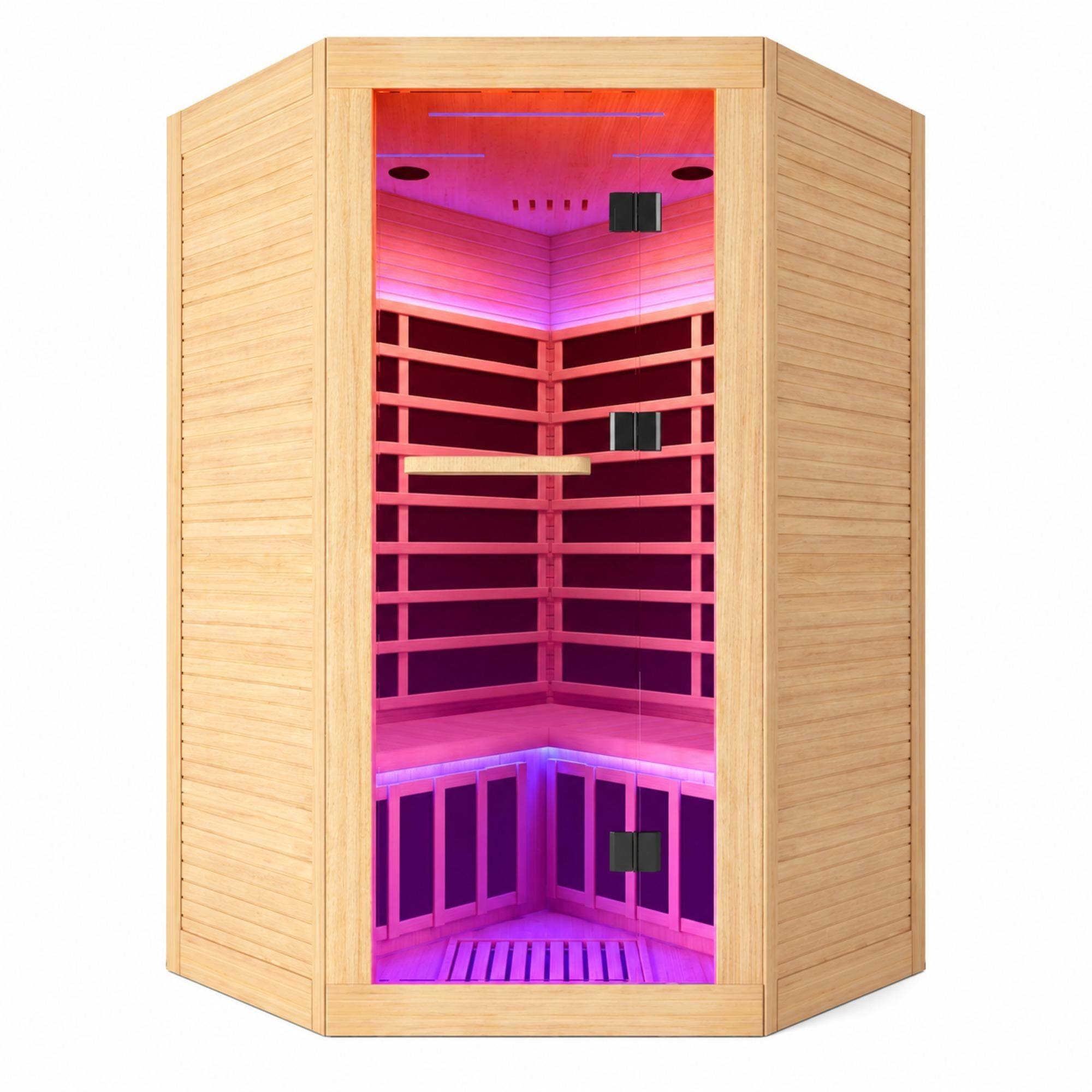 Front. RYHNUYNE - Canadian Hemlock Pentagonal Infrared Sauna, 2 Person Corner Spa, 2180W, 9 Heating Plates, Bluetooth Speakers - Natural+Graphite.