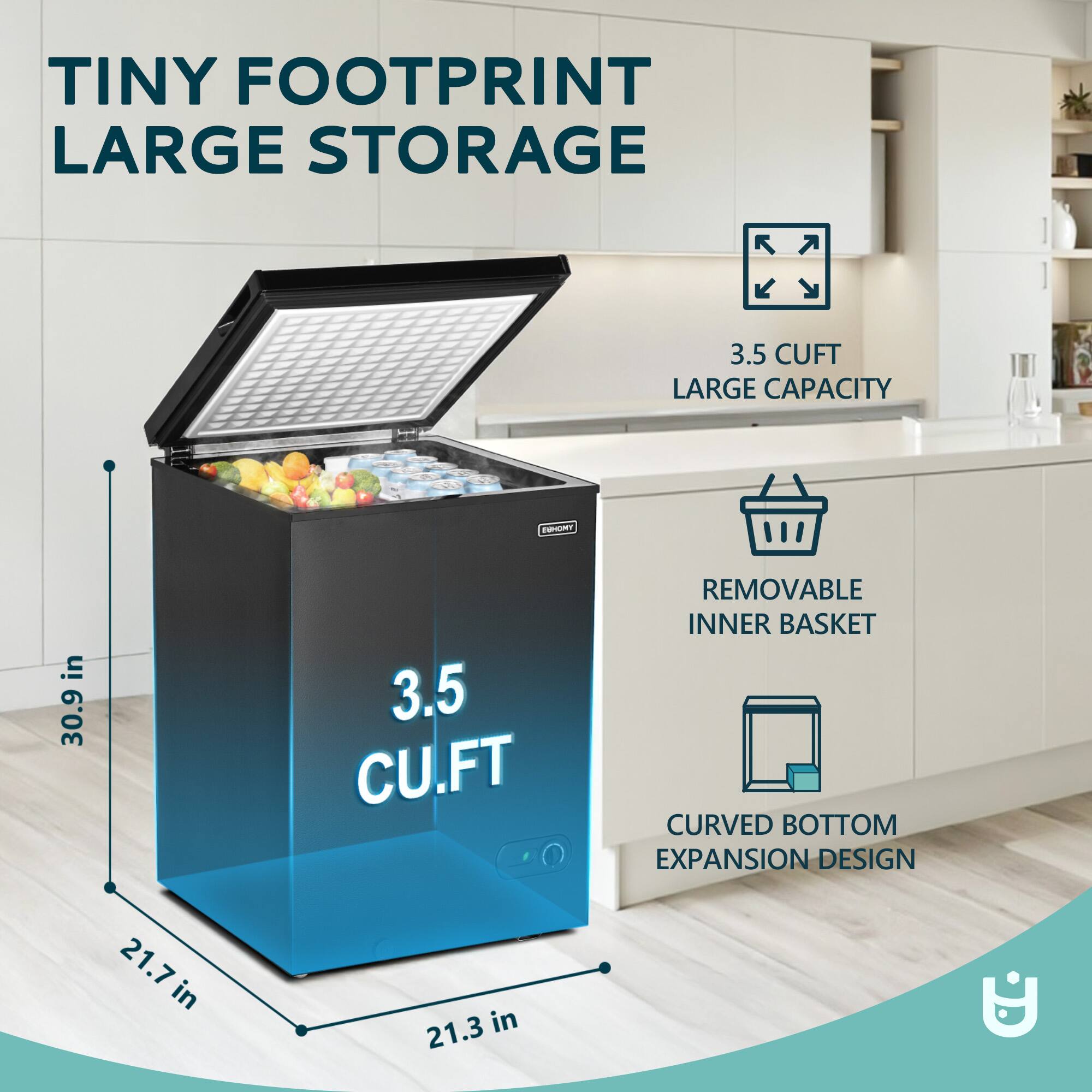 TINY FOOTPRINT LARGE STORAGE

3.5 CU.FT

30.9 in

21.7 in

21.3 in

3.5 CUFT LARGE CAPACITY

REMOVABLE INNER BASKET

CURVED BOTTOM EXPANSION DESIGN