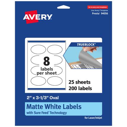 Go to avery.com/templates
AVERY
Use Avery™ Template Presta® 94056
TRUEBLOCK®
8 labels per sheet
25 sheets
200 labels
2" x 3-1/3" Oval
Matte White Labels with Sure Feed® Technology for Laser/Inkjet