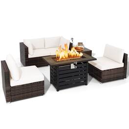 Costway - 6PCS Patio Rattan Furniture Set 42" Fire Pit Table Cover Sofa Cushion - Mix Brown,Off White