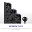 The image features a comparison of three NZXT Kraken Plus AIO coolers. The first one is 360 mm tall, the second one is 280 mm tall, and the third one is 240 mm tall. Each of the coolers is designed to provide efficient CPU cooling with a customizable 1.54" LCD and simple installation. The image also includes a 4th NZXT Kraken Plus AIO cooler, which is smaller in size compared to the other three.