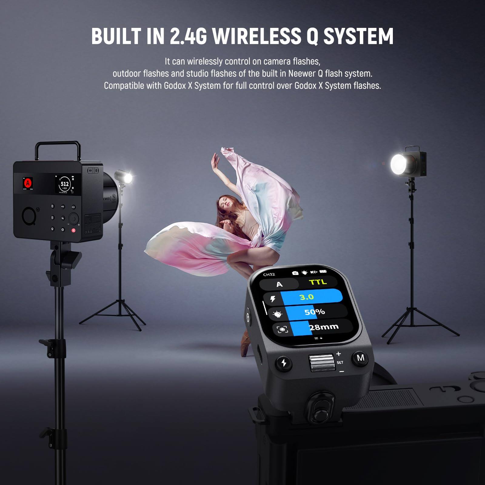 BUILT IN 2.4G WIRELESS Q SYSTEM

It can wirelessly control on camera flashes, outdoor flashes and studio flashes of the built in Neewer Q flash system. Compatible with Godox X System for full control over Godox X System flashes.

1 512 -- CHEI A M - TTL 3.0 50% 28mm + SET M 4 3 O