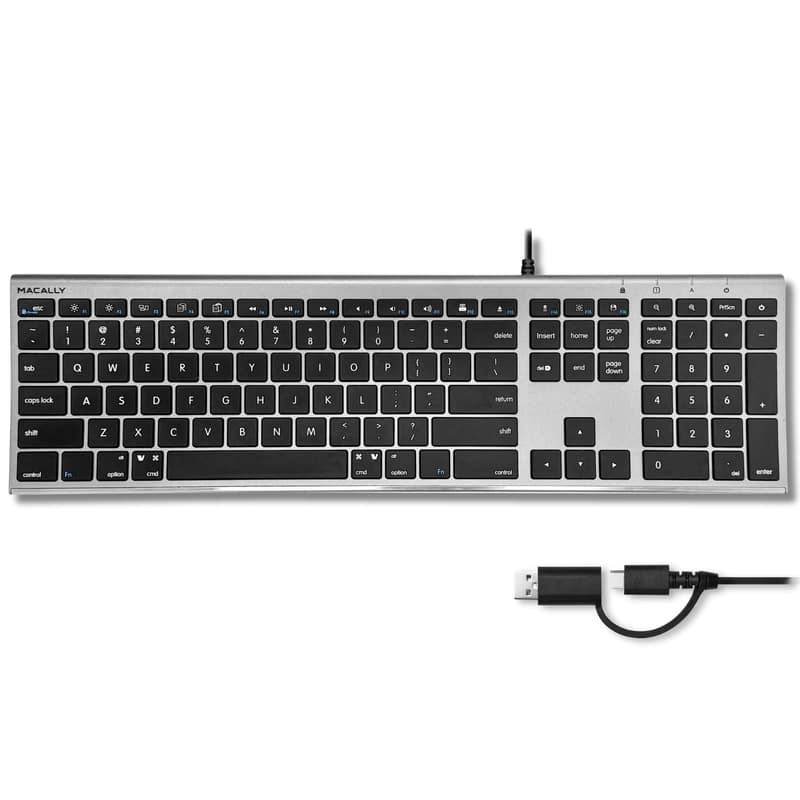 Macally - USB C Keyboard (Upgraded) - Dual USB A + C Plug - Wired Keyboard for Mac - Space Gray