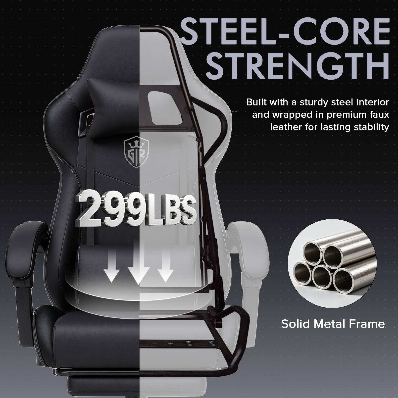 STEEL-CORE STRENGTH  
Built with a sturdy steel interior and wrapped in premium faux leather for lasting stability  
299LBS  
Solid Metal Frame
