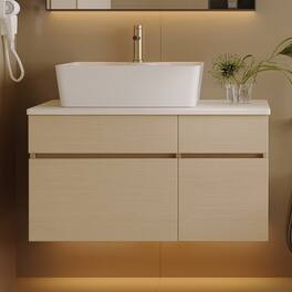Loheer - 31.5 inch floating bathroom vanity Wall Mounted with Vessel Sink White and Wood - White, Wood