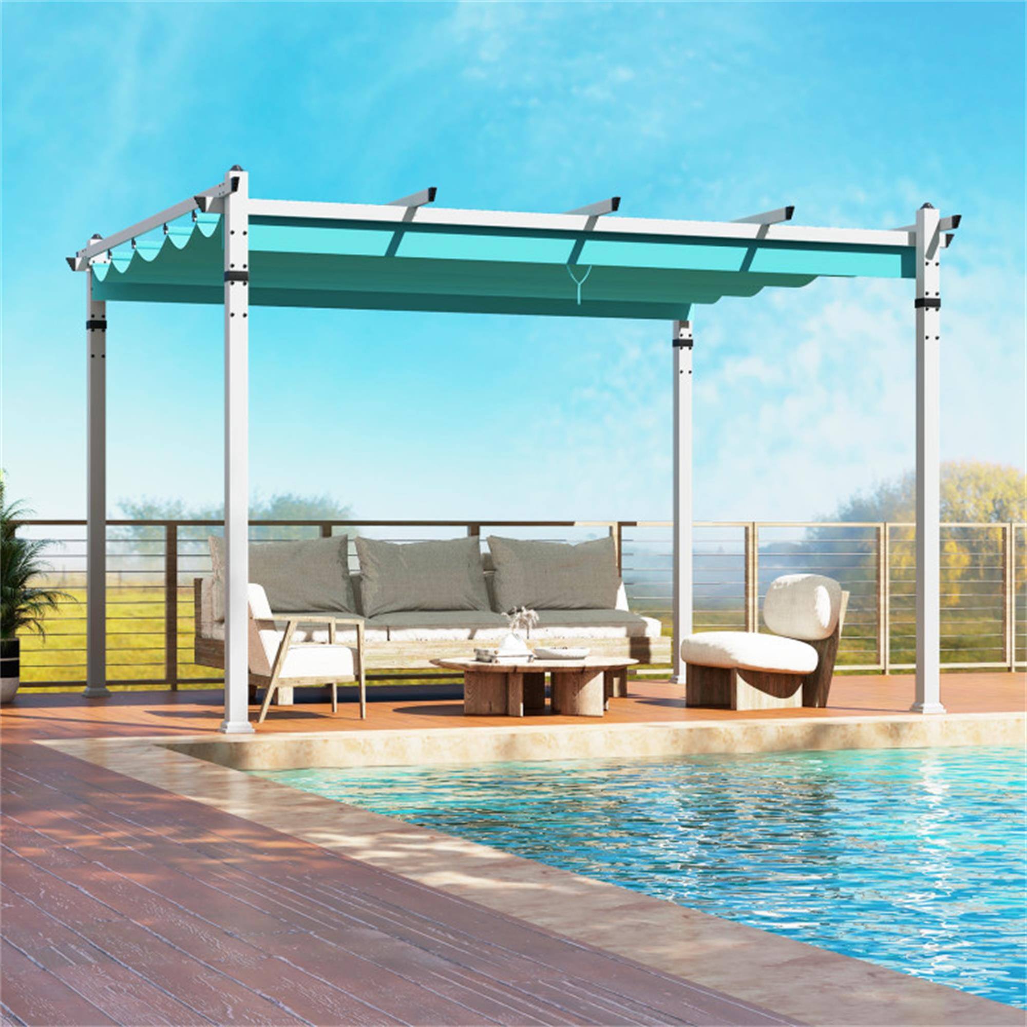 Alt View 2. Boyel Living - Turquoise 120-in L x 144-in W x 92.4-in H Outdoor Pergola with Retractable Canopy and Aluminum Frame Model BL-HYA1781GN.