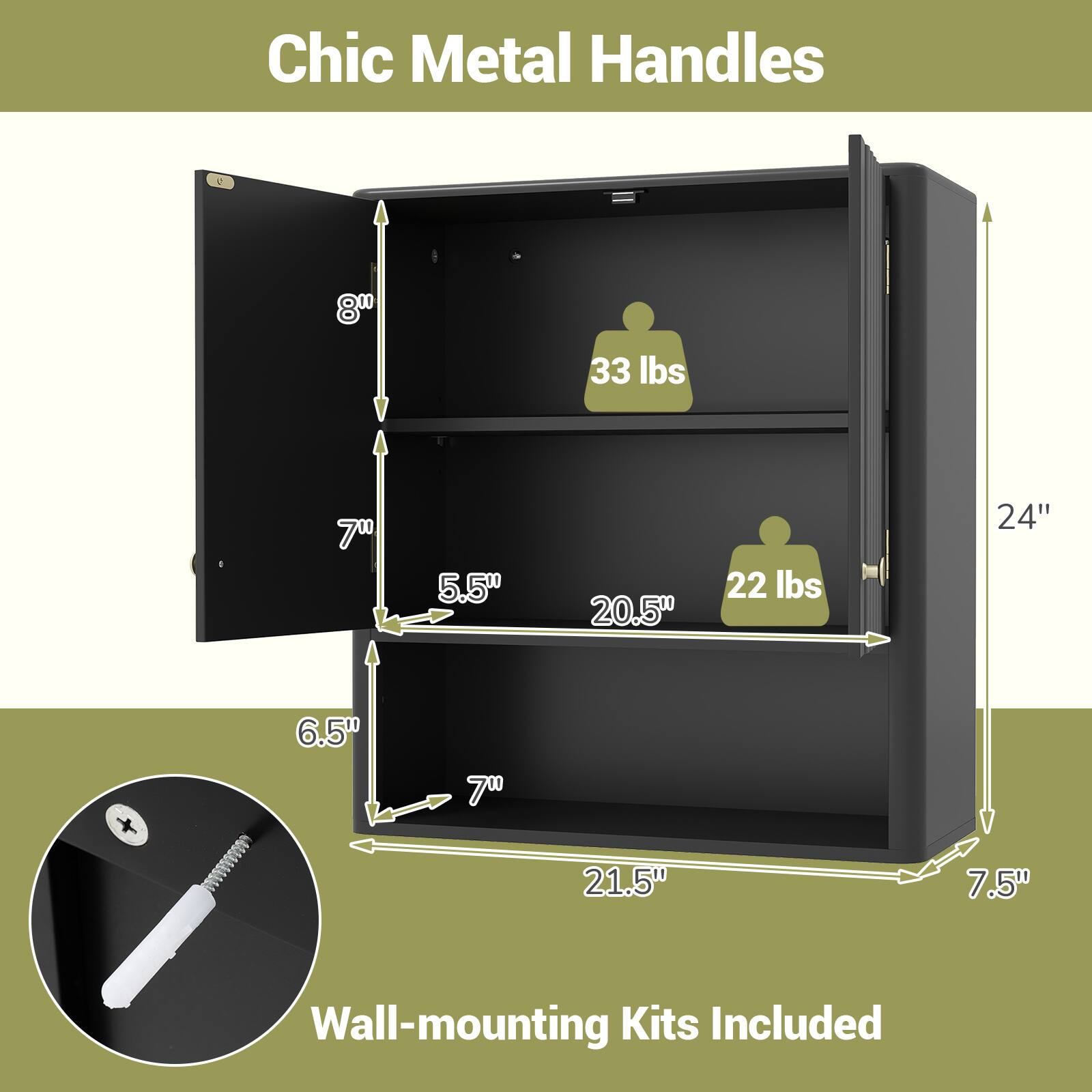 Chic Metal Handles

- 8" height
- 7" depth
- 5.5" width
- 20.5" width
- 24" height
- 6.5" width
- 21.5" width
- 7.5" depth

Weight:
- 33 lbs
- 22 lbs

Wall-mounting Kits Included