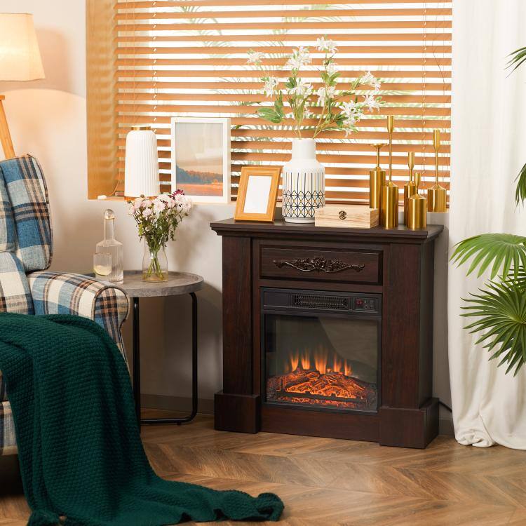 Alt View 1. PULUZ - 32 inch Electric Fireplace with Mantel, Freestanding Heater with LED Log Flame, Overheat Protection and Remote Control - Brown.