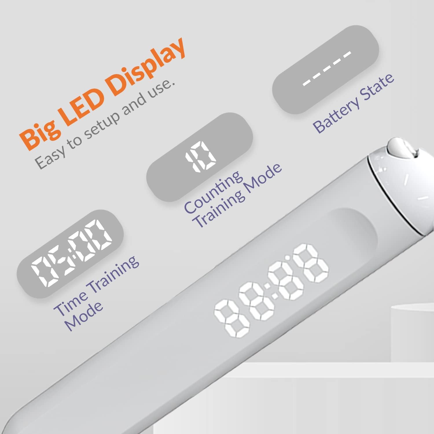 Big LED Display  
Easy to setup and use.

Time Training Mode  
05:00

Counting Training Mode  
88:88

Battery State