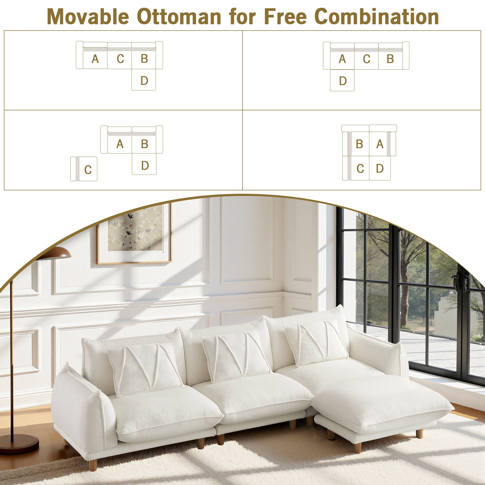 Movable Ottoman for Free Combination

A C B  
D  

A C B  
D  

A B  
C D  

B A  
C D  

A C  
B D  

A C  
B D