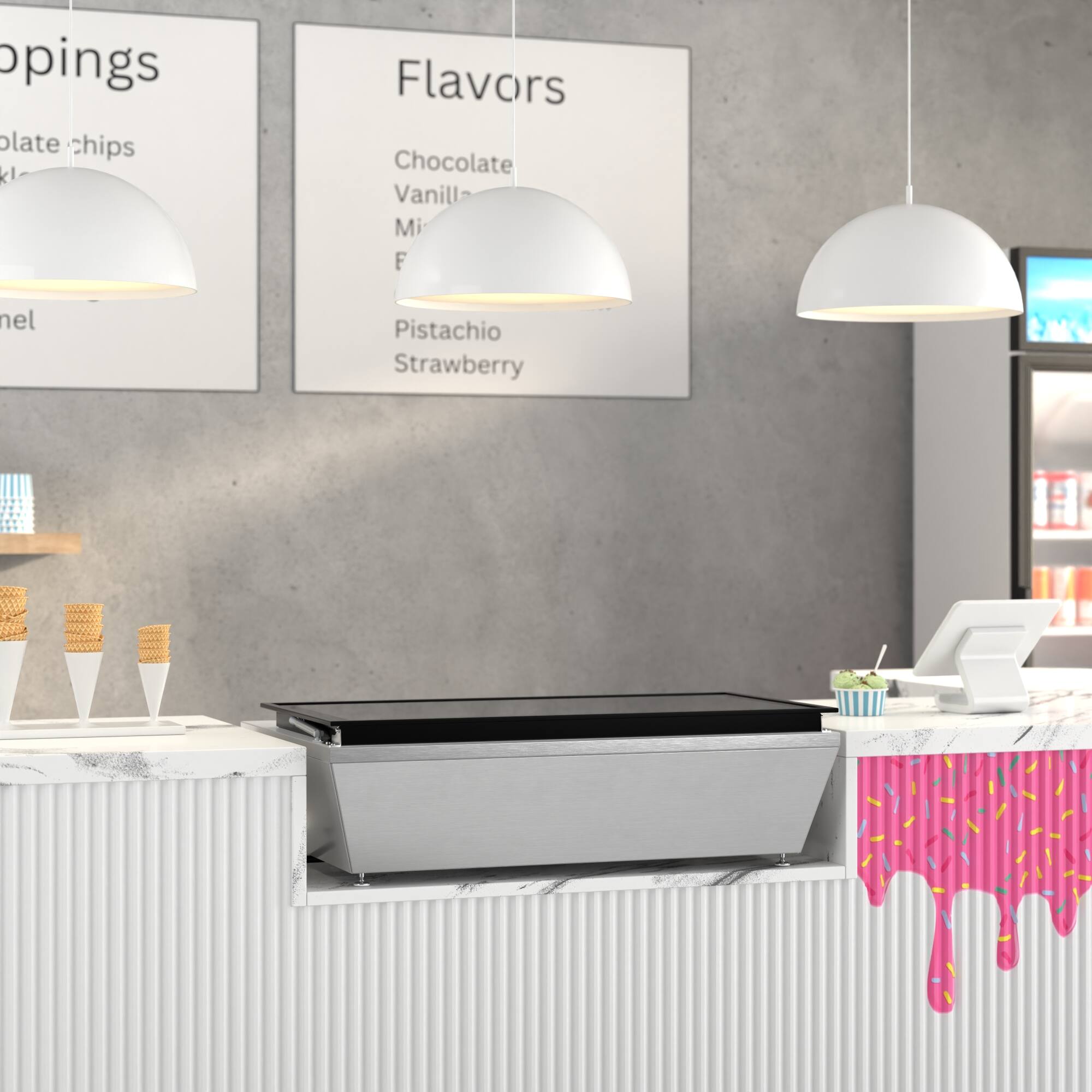 Flavors: Chocolate, Vanilla, Mint, Pistachio, Strawberry

Toppings: Chocolate chips