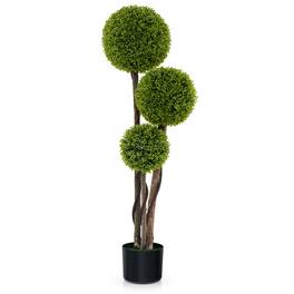 Gymax - 4 FT Artificial Boxwood Topiary Ball Tree w/ Triple Ball Faux Greenery Plant - Green, Black