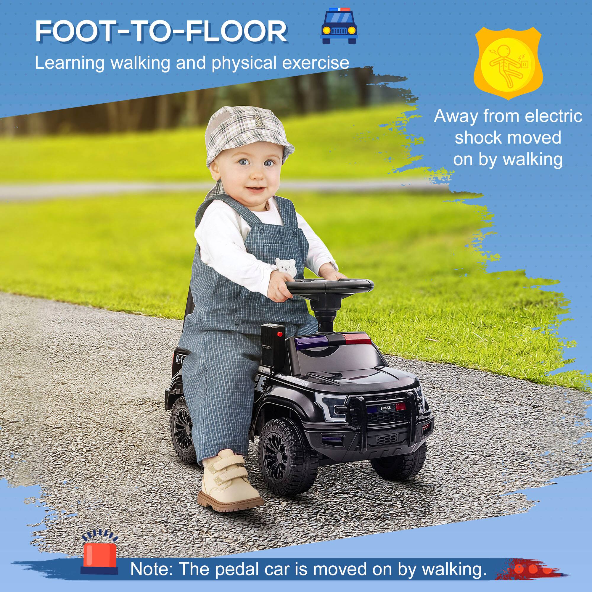 FOOT-TO-FLOOR  
Learning walking and physical exercise  

Away from electric shock moved on by walking  

Note: The pedal car is moved on by walking.
