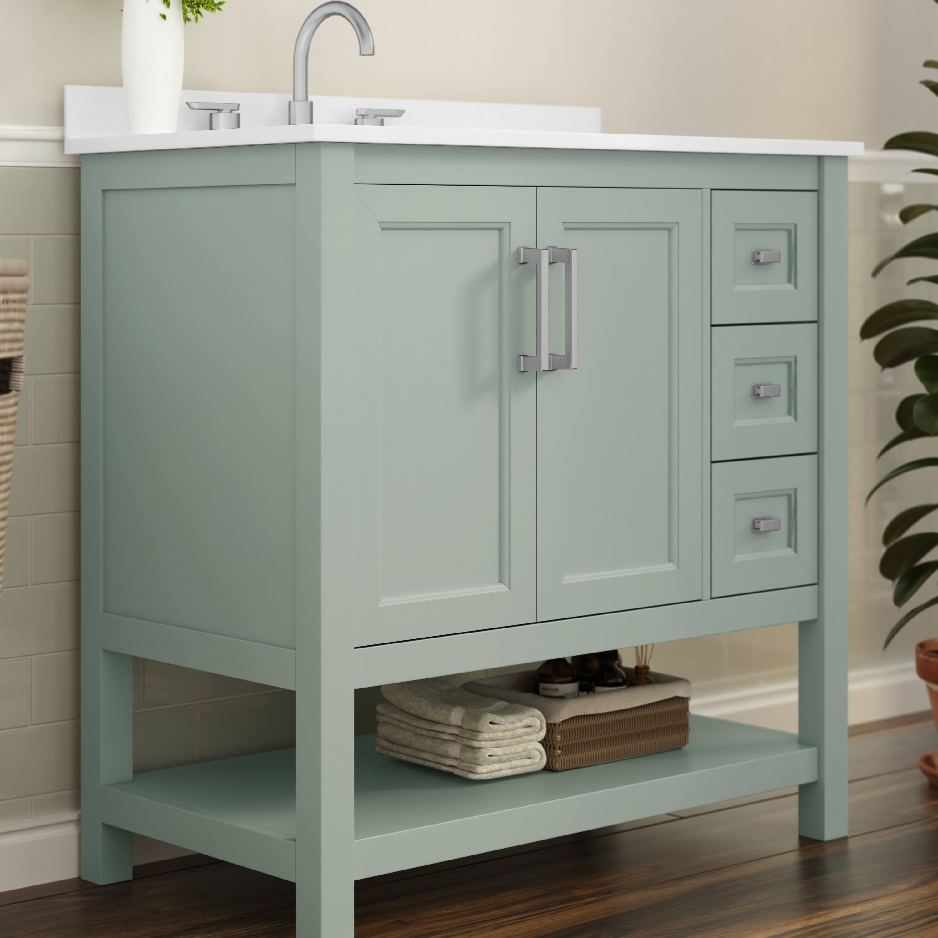 Alt View 3. Flash Furniture - Vega 36 Inch Bathroom Vanity with Sink, Storage Cabinet with Soft Close Doors, Open Shelf and 3 Drawers, Carrara Marble - Green.