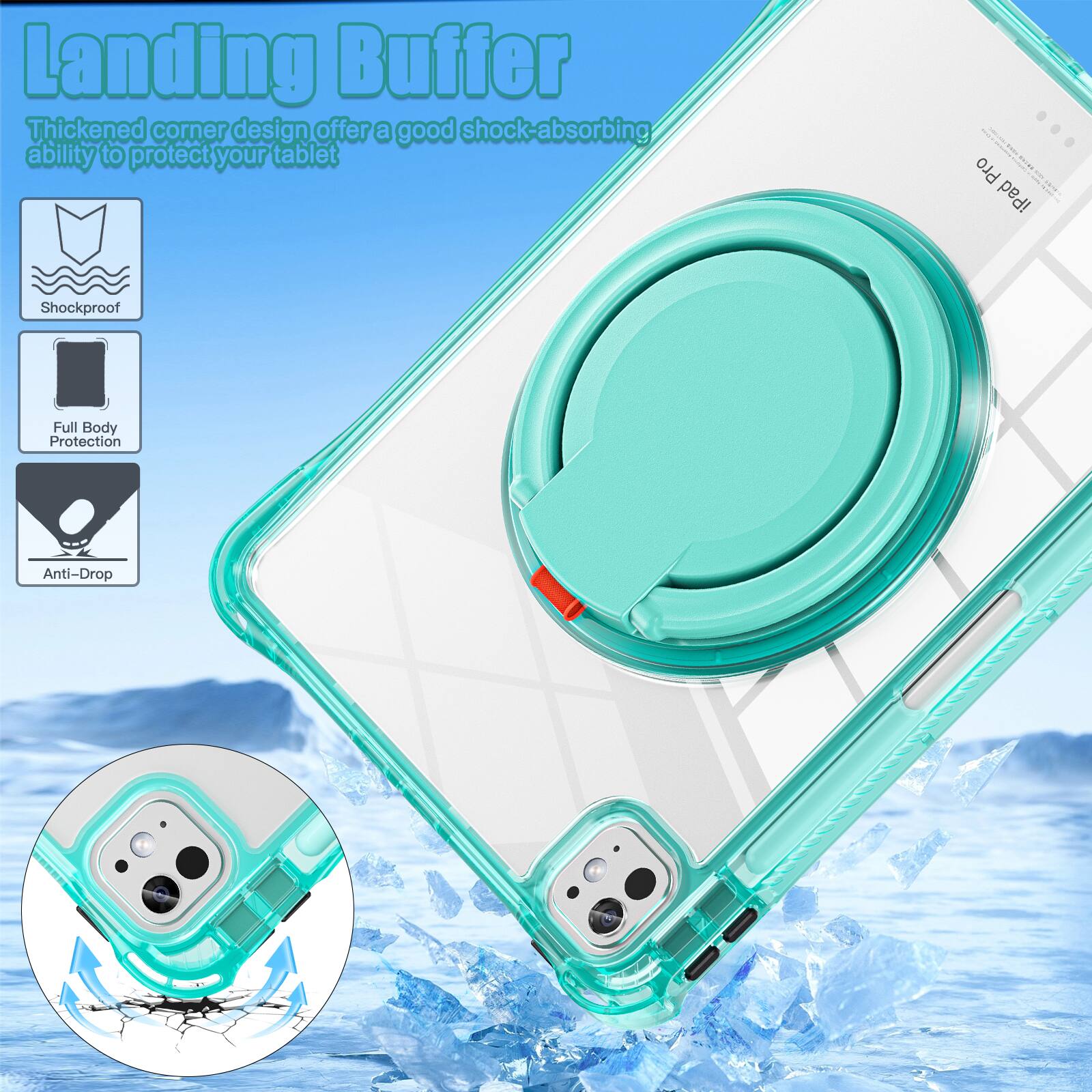 Landing Buffer

Thickened corner design offers a good shock-absorbing ability to protect your tablet

- Shockproof
- Full Body Protection
- Anti-Drop