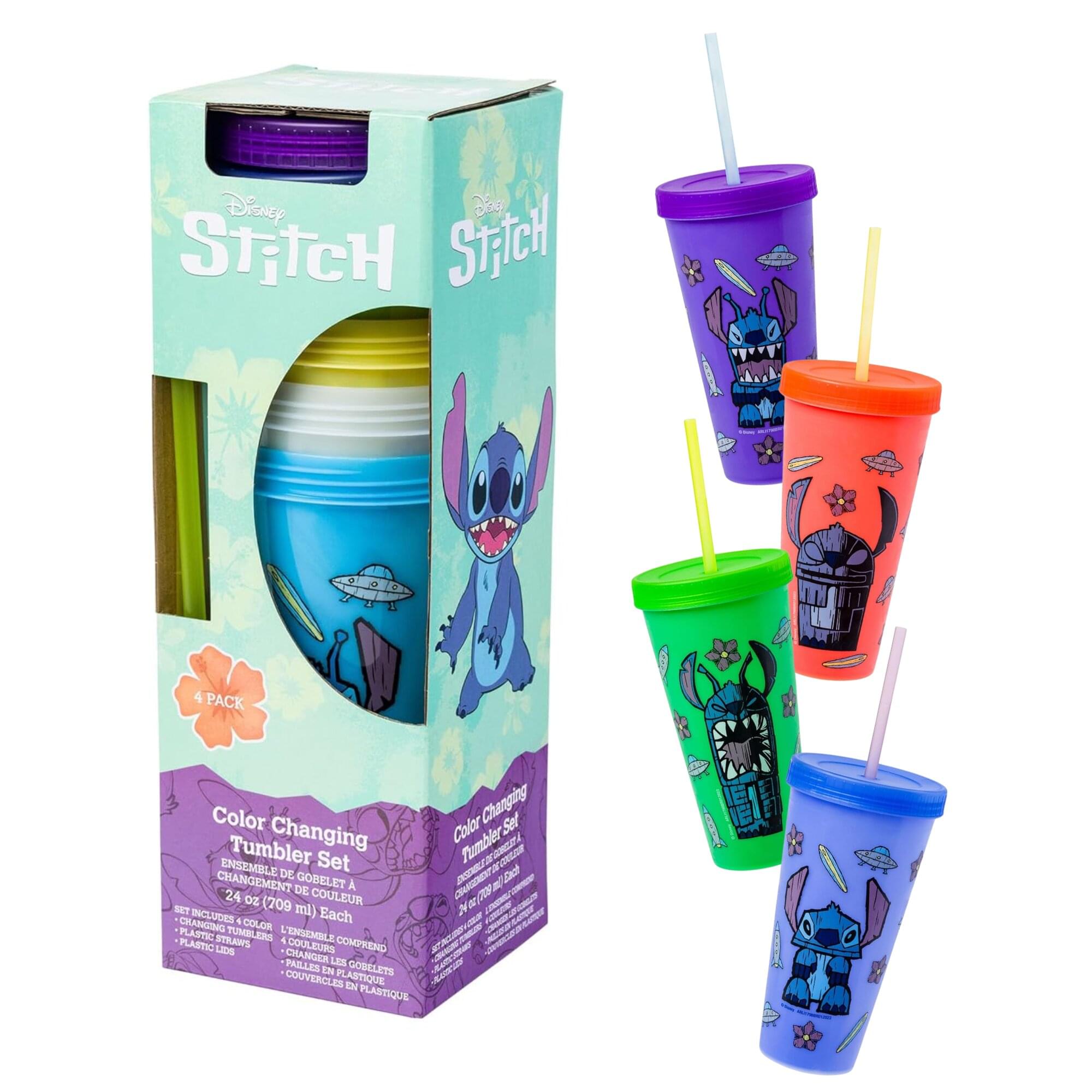 Disney Dog Stitch  
4 Pack  
Color Changing Tumbler Set  
CHANGEMENT DE GOBLET DE 24 oz (709 ml)  
Each  
CHANGEMENT DE COULEUR  
SET INCLUDES (209 ml)  
4 COLOR PLASTIC TUMBLERS  
PLASTIC STRAWS  
LIDS  
COUVERCLES EN PLASTIQUE