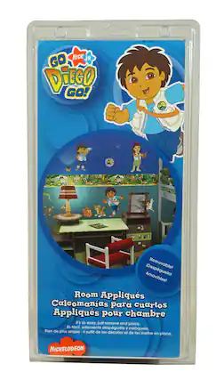 Sure, here is the corrected and grouped text from the image:
---
**Nick Jr.**
**GO DIEGO GO!**
**Room Appliques**
**Calcomanías para cuartos**
**Appliqués pour chambre**
**Removable!**
**¡Despegable!**
**Amovibles!**
**It's so easy, just remove and place.**
**Es fácil, solamente despeguela y colócala.**
**Rien de plus simple : il suffit de les décoller et de les mettre en place.**
**Nickelodeon**
---