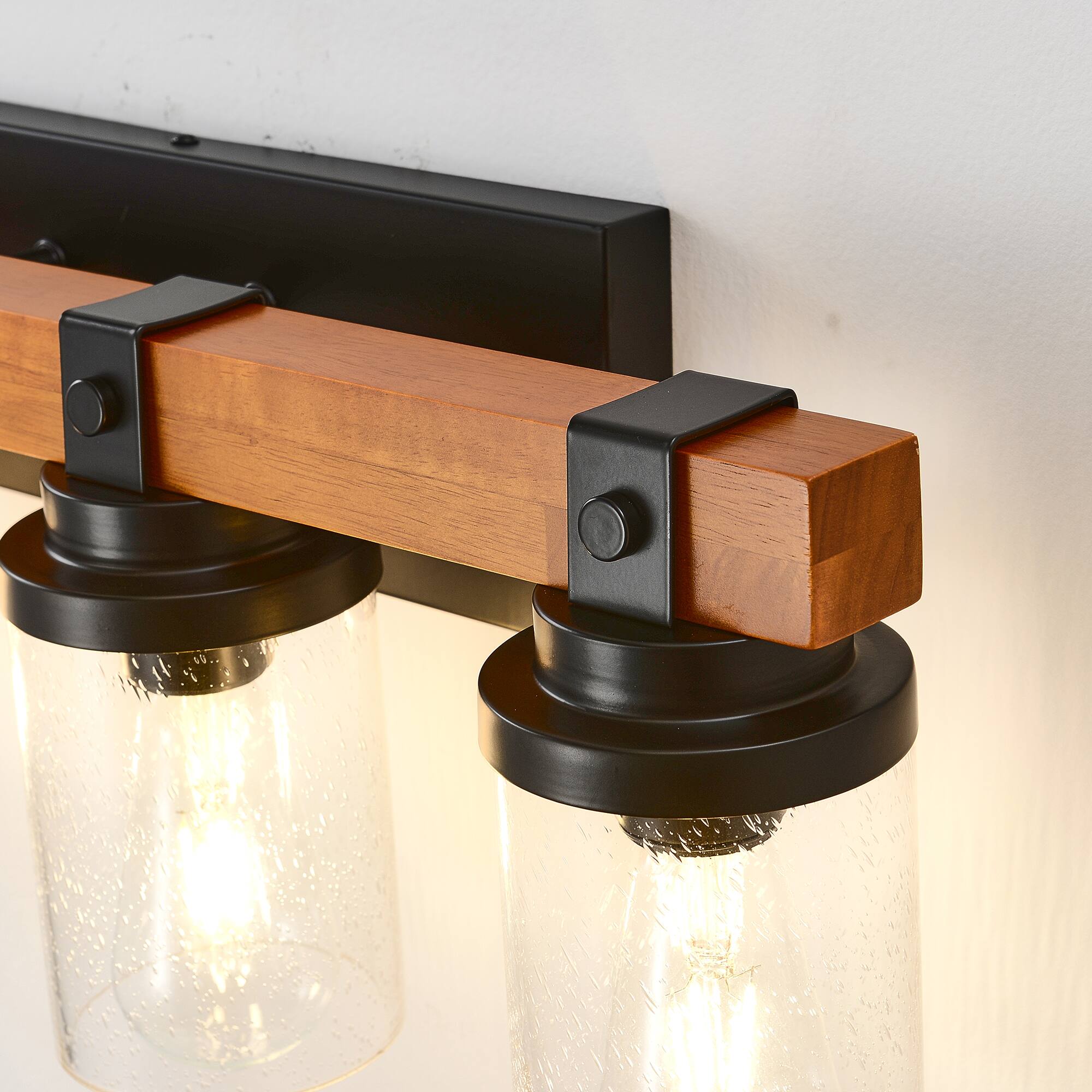 Alt View 4. TinyHomie - 4 Light Matte Black And Wooden Wall Lamps With Glass Lamp Shade No Bulbs For Dinning Room Hallway Bedroom.